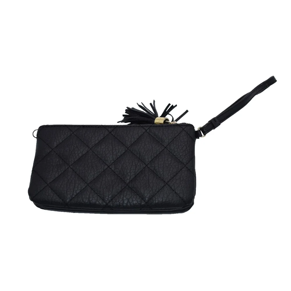 Y2K JUICY COUTURE Black Faux Leather Quilted Wristlet Clutch Gold Heart Accents